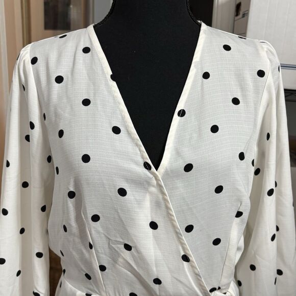 MERAKI Peplum Faux Wrap Blouse Long Sleeves White With Black Dots - Picture 6 of 11